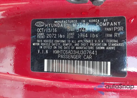 2017 Hyundai Veloster из США, поврежденный, VIN KMHTC6AD3HU307641